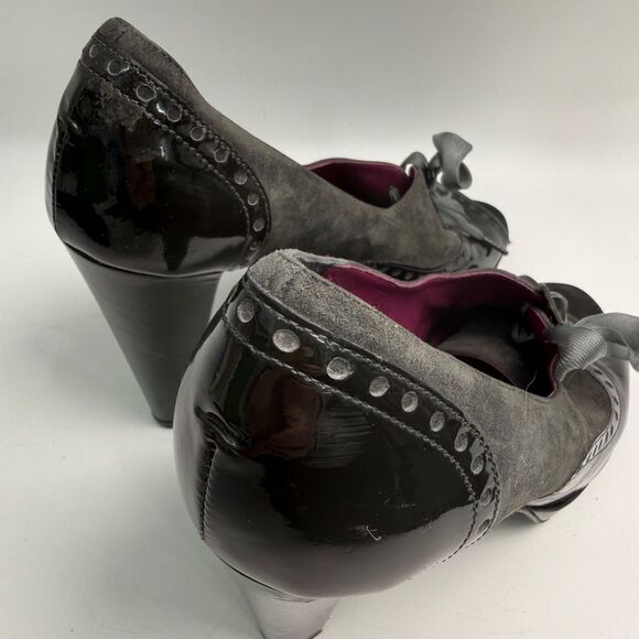 Coach Claudine Patent Leather 8 B Suede Black Gray Lace-Up Heels Designer Goth - Picture 9 of 10